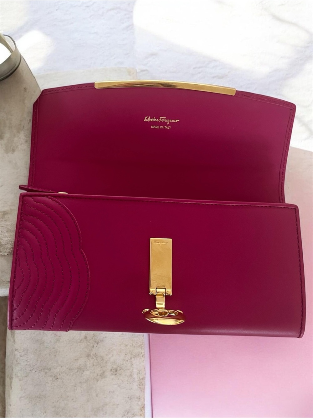 Salvatore Ferragamo Authentic Never Used Leather Clutch with Gold Hardware Berry